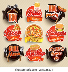 Fast food and BBQ Grill elements, Typographical Design Label or Sticer - burgers, pizza, hot dog, fries. Vector illustration.