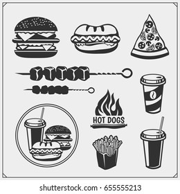 Fast food and BBQ grill labels, emblems and design elements. Burgers, pizza, hot dog and fries.