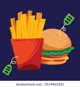 Fast food is becoming more expensive themed vector illustration isolated on square blue background. Fries and burger with price tags simple flat colorful drawing.