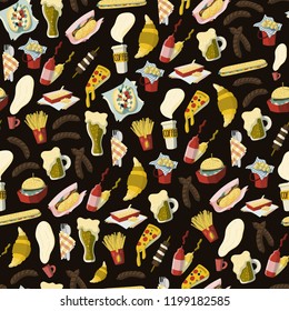 Fast food and beer seamless pattern in cartoon style with sausage, hot dog, pizza, french fries, goffe to go etc. Stock vector