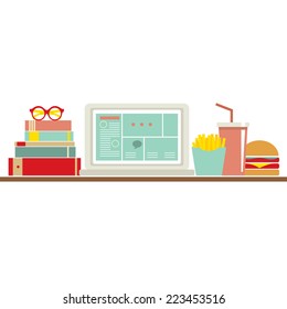 Fast Food Beside Laptop For Worker Vector Illustration