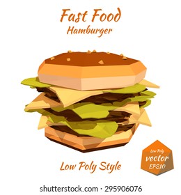 Fast food: big cheeseburger, big hamburger with cutlet, cheese and tomato isolated on white background. Low poly style. Design your menu diner bistro. Vector illustration.