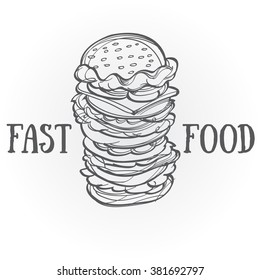 Fast food. Big hamburger outline sketch.