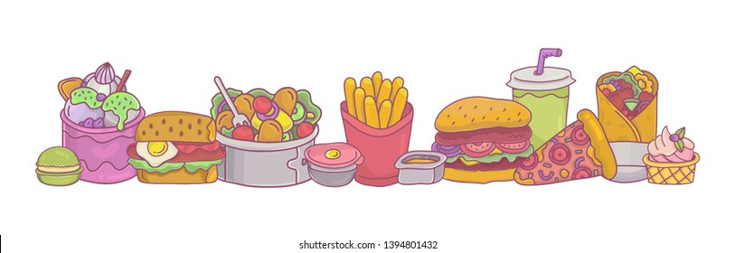 Fast food big set and border.French fries,burger,pizza,doner kebab,salad etc. Colorful cartoon style street food icons for kids menu design,stickers,restaurant decoration. Horizontal,vector.