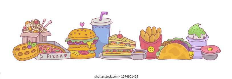 Fast food big set with burger,taco,sandwiches, pizza and wok.Colorful cartoon style street food icons for kids menu design,stickers,restaurant decoration. Horizontal border and frame,vector.