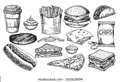 Fast food big set. Junk Food vector illustration sketch set. Fast food restaurant menu items. Hamburger, hot dog, sandwich, snacks, pizza, french fries, sauce