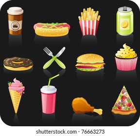 Fast food black background  icon set: coffee, hot dog, french fries, doughnut, fork, burger, fruitcake, ice-cream, drink, chicken, pizza