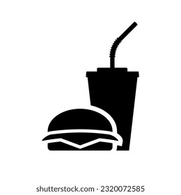 Icono negro de comida rápida. Comida rápida: hamburguesa, refresco. Diseño plano de ilustración vectorial. Aislado sobre fondo blanco.