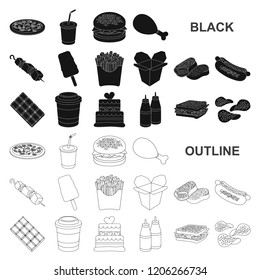 Fast food black icons in set collection for design.Food from semi-finished products vector symbol stock web illustration.