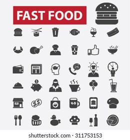 fast food black isolated concept icons, illustrations set. Flat design vector for web, infographics, apps, mobile phone servces