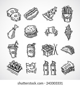 Fast food black sketch decorative icons set  with donut hotdog pizza and french fries isolated vector illustration