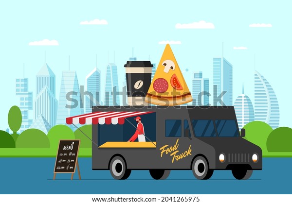 Fast food black truck with baker outdoor in\
city park. Pizza slice and coffee paper cup on van roof. Meal\
delivery van service. Fair on street with catering wheels. Vector\
eps advertising\
illustration
