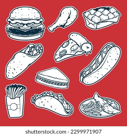 fast food black and white doodle hand drawn, drawing burger, frech fries, taco, burrito, hot dog, and pizza sanwich vector illustration.