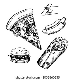 fast food black and white sketch pizza, hamburger, burger, hot dog, burrito, ink drown