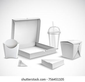 Fast Food Blank White Packaging Realistic Templates Set With Clear Plastic Cup And Pizza Box Vector Illustration