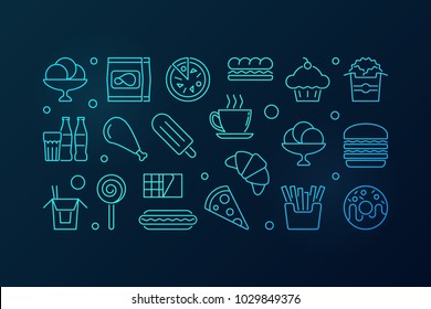 Fast food blue horizontal illustration. Vector unhealthy eating concept banner in thin line style on dark background