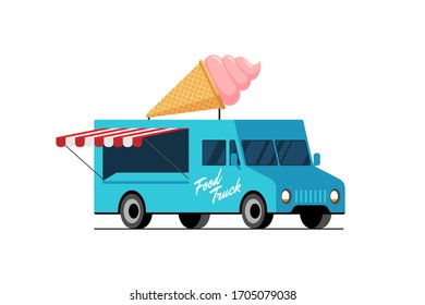 Fast food blue truck. Ice cream waffle cone on van roof. Sweet eskimo car delivery service or festival on street popsicle wheels vector flat isolated illustration