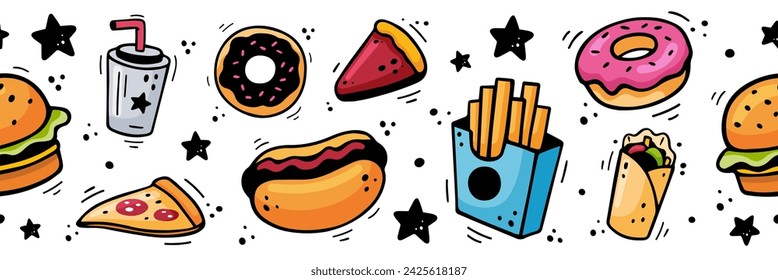 Fast food border, frieze, edging, pattern. Hand drawn seamless border, pattern with burger, pizza, hot dog, donut, French fries, soda, pie, doner kebab, burrito. Comic style. Vector illustration