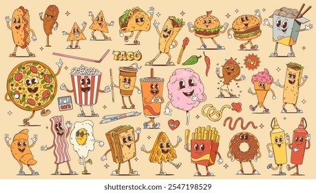 Fast food e café da manhã desenhos animados retro personagens groovy. Hambúrguer hippie vintage, pizza, sanduíche e bebidas com personagens vetoriais de sobremesa. Cachorro-quente bonito, batatas fritas, refrigerante, café, rosquinha e sorvete