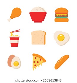 Fast Food and Breakfast Icons – Flat Vector Set of Chicken, Rice Bowl, Burger, Pizza, Noodles, Egg, Bread, Toast, and Bakery Elements for Food Design and Menu Illustration