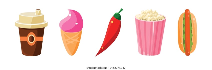 Juego de Vector de objetos y artículos brillantes de comida rápida