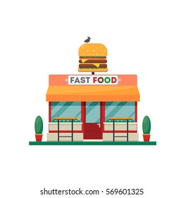 Fast food building with big hamburger. Restaurant design. Vector illustration. Isolated on white background.