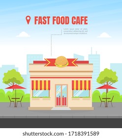 Fast Food Building Facade, View of City Street, Urban Summer Landscape Vector Illustration