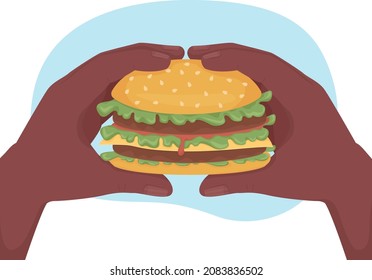 Ilustración aislada del vector 2D de la hamburguesa rápida de alimentos. Una hamburguesa deliciosa. Sostengo un sándwich para comer de primera vista plana en el fondo de la caricatura. Aperitivos basura con una escena colorida de calorías