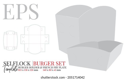 Fast food burger box and French fries holder, vector. Template with die cut and laser cutting lines. White, clear, blank mock up isolated on white background. Packing self lock design