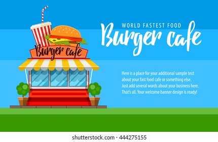 Fast food burger cafe, shop store flyer or banner design shop-window facade hamburger and cola drink. Fastfood sign front view on the market house building with burgers, soda, flat vector illustration