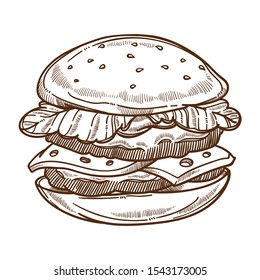 Fast food, burger with cheese and lettuce or salad leaf isolated sketch vector. Vegetables and beef meat, cutlet in in buns cooking and culinary dish. Street meal, unhealthy snack, cafe and bistro