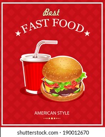 Fast Food. Burger and Cola. Vector illustration. Poster in vintage style.