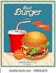 Fast Food. Burger and Cola. Vector illustration. Poster in vintage style.