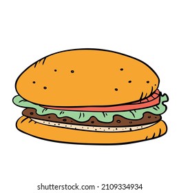 Fast food burger with cutlet, pmidor and salad. Vector in doodle style