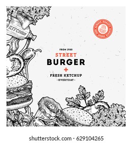 Fast food burger design template. Linear graphic. Snack collection. Junk food. Engraved illustration. Vector illustration