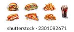 Fast food: burger, doner, hot-dog, pizza, french fries and onion rings fries. Watercolour, isolated on white background