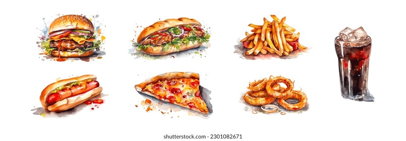 Fast food: burger, doner, hot-dog, pizza, french fries and onion rings fries. Watercolour, isolated on white background