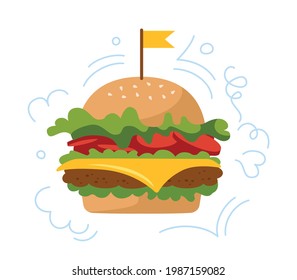 Fast food burger doodle cartoon set. Hand drawn flat hamburger icon, sign speech bubble. Menu delicious fast food fresh burger. Cheeseburger, beverage tasty unhealthy lunch. Vector illustration