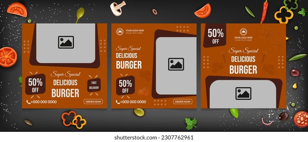 Fast Food Burger double layer with  cheese  delicious tasty  meat mutton , lamb , vegetable , hamburger free delivery for lunch, diet , free french fries healthy food social media post template 2023