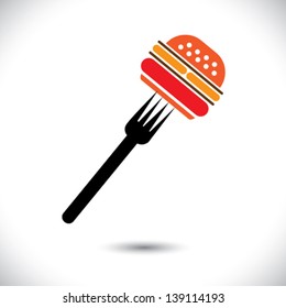 Fast food burger & fork icon for cafes, hotels- vector graphic. The illustration represents burger sign or symbol pierced on a fork for hotels, restaurants, inns, motels, food blogs, websites, etc