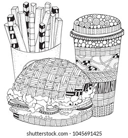 Fast food. Burger, french fries, drink. Black and white vector doodle fast food pattern.