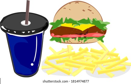 Fast food, burger, french fries, cheese drinking glass vector illustration. American street food