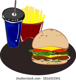 Fast food, burger, french fries, cheese drinking glass vector illustration. American street food