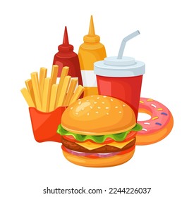 Fast food burger and french fries with soda. Illustration of hamburger and meal, lunch snack and burger sandwich, cheeseburger and fries vector