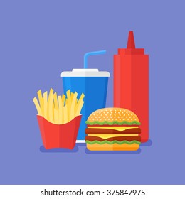 Fast food. Burger, french fries, soda takeaway and ketchup on blue background. Flat style vector illustration.