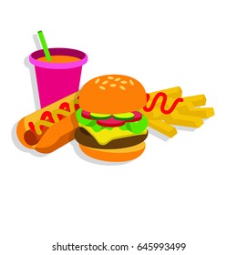 Fast food burger french fries and soda icon design. Vector illustration