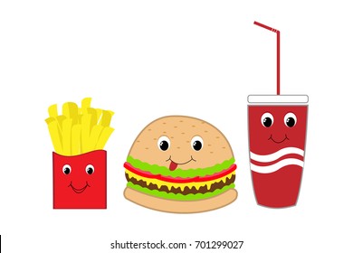 Fast food burger, fries and drink with faces
