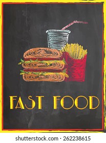 Fast food, burger, fries and juice on chalkboard background