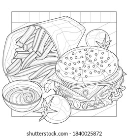 
Fast food. Burger, fries and sauce.Coloring book antistress for children and adults. Illustration isolated on white background.Zen-tangle style.