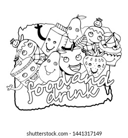 Fast food: burger, hamburger, chicken, pizza and donut Cute cartoons in kawaii style. Coloring book anti-stress